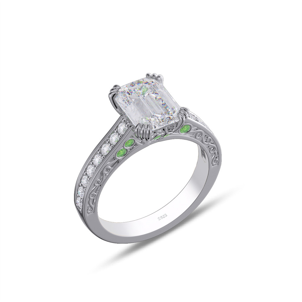 Emerald Cut Diamond White 925 Sterling Silver Solitaire Engagement Ring