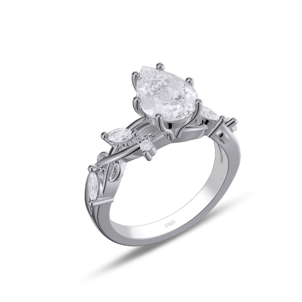 Pear Cut Diamond White 925 Sterling Silver Leaf Engagement Ring