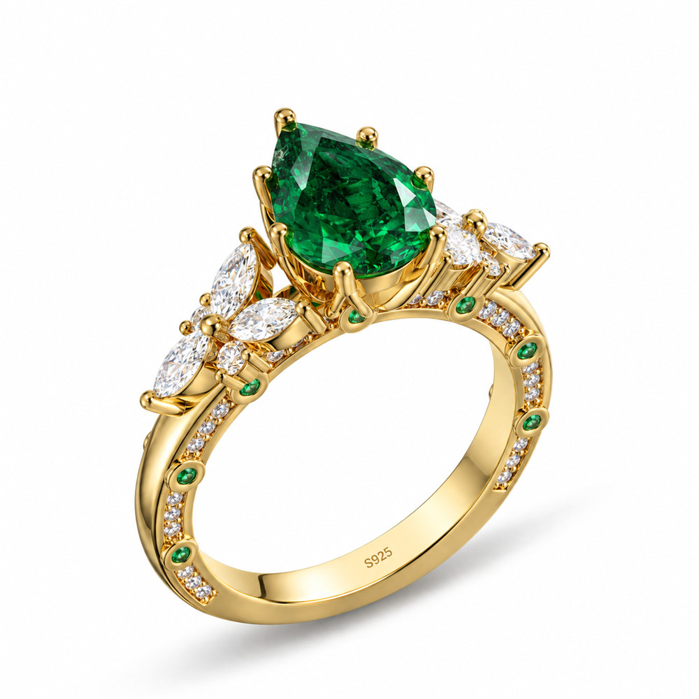 Pear Cut Emerald Green Sterling Silver Engagement Ring