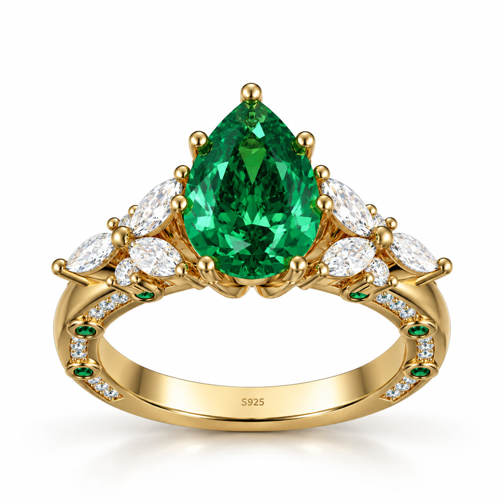 Pear Cut Emerald Green Sterling Silver Engagement Ring