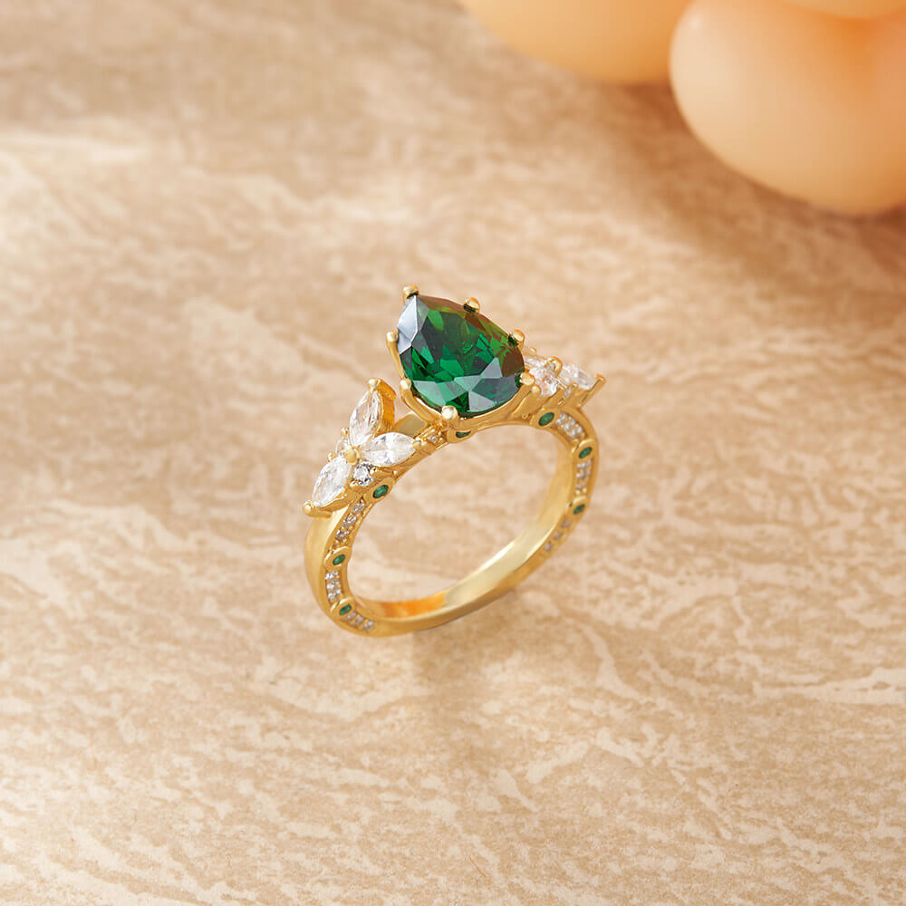 Pear Cut Emerald Green Sterling Silver Engagement Ring