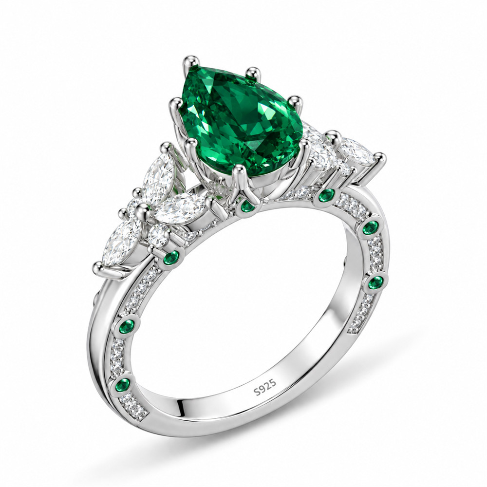 Pear Cut Emerald Green Sterling Silver Engagement Ring