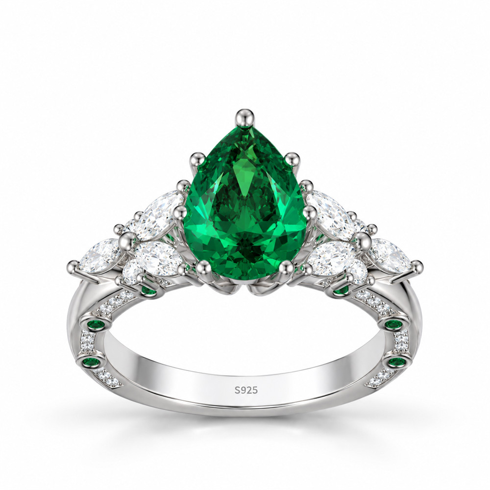 Pear Cut Emerald Green Sterling Silver Engagement Ring