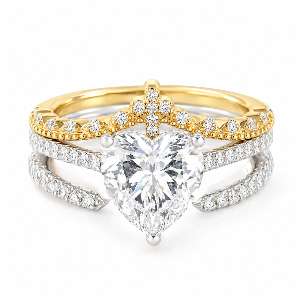 Heart Cut Diamond White 3-Piece 925 Sterling Silver Two Tone Bridal Ring Set