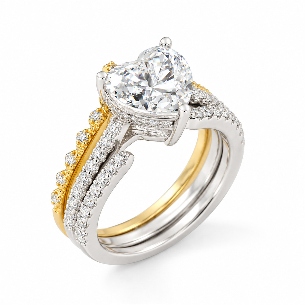 Heart Cut Diamond White 3-Piece 925 Sterling Silver Two Tone Bridal Ring Set