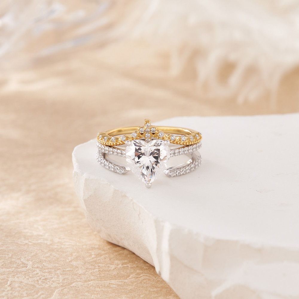 Heart Cut Diamond White 3-Piece 925 Sterling Silver Two Tone Bridal Ring Set