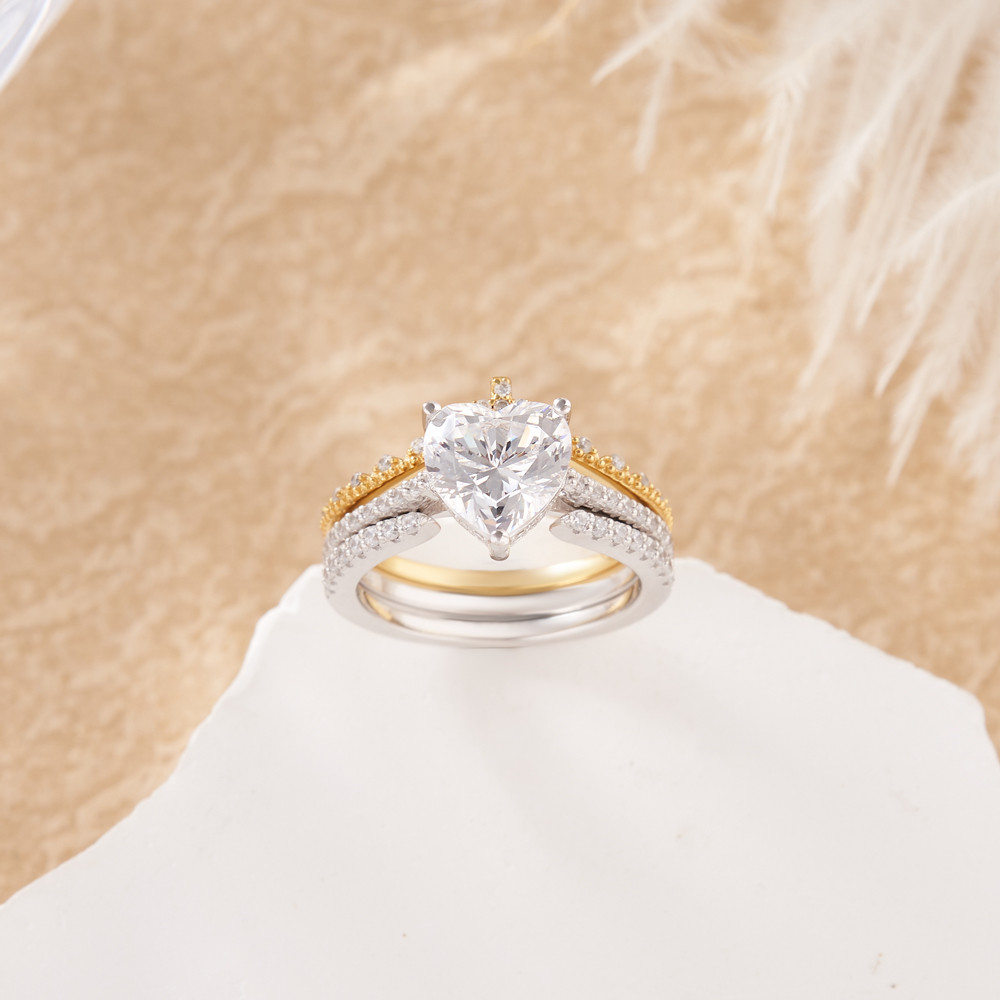 Heart Cut Diamond White 3-Piece 925 Sterling Silver Two Tone Bridal Ring Set