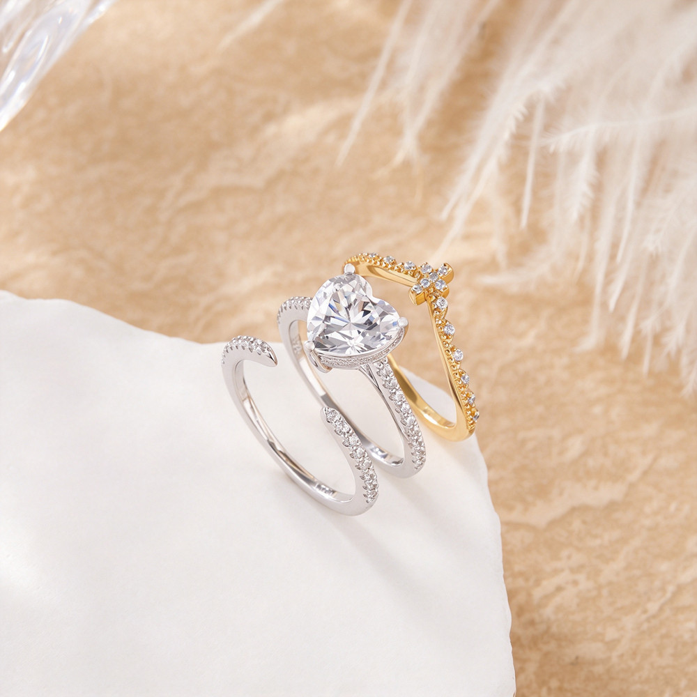 Heart Cut Diamond White 3-Piece 925 Sterling Silver Two Tone Bridal Ring Set