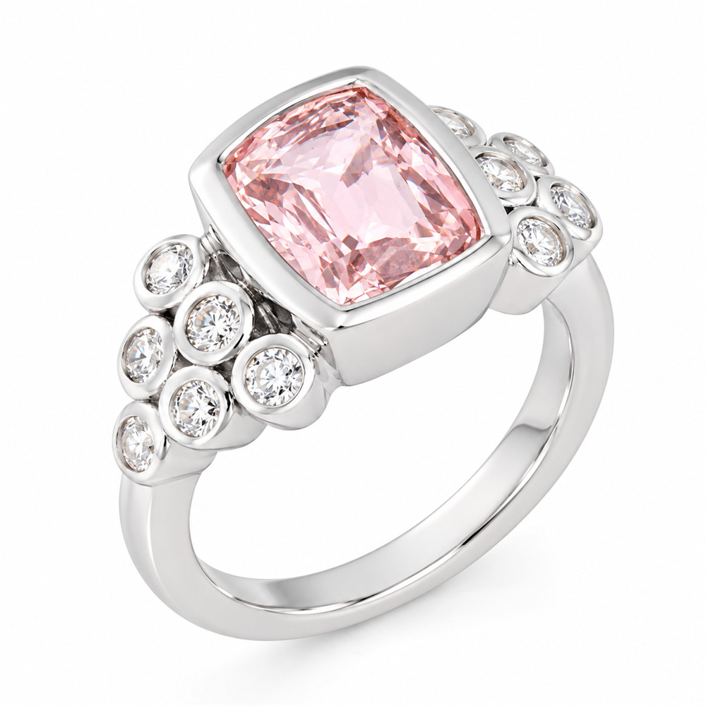 Cushion Cut Fancy Pink Sterling Silver Bezel Engagement Ring