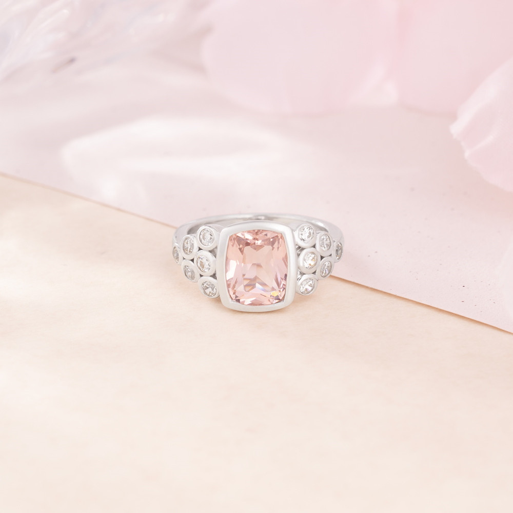 Cushion Cut Fancy Pink Sterling Silver Bezel Engagement Ring