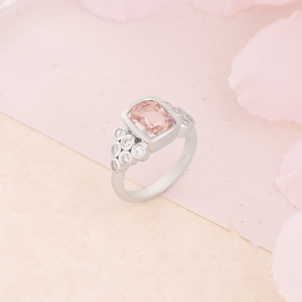 Cushion Cut Fancy Pink Sterling Silver Bezel Engagement Ring