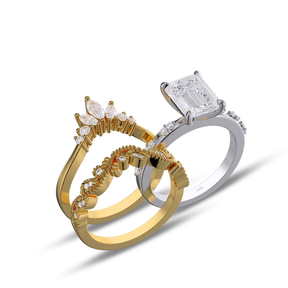 Emerald Cut Diamond White 925 Sterling Silver Yellow Gold Art Deco Bridal Ring Set