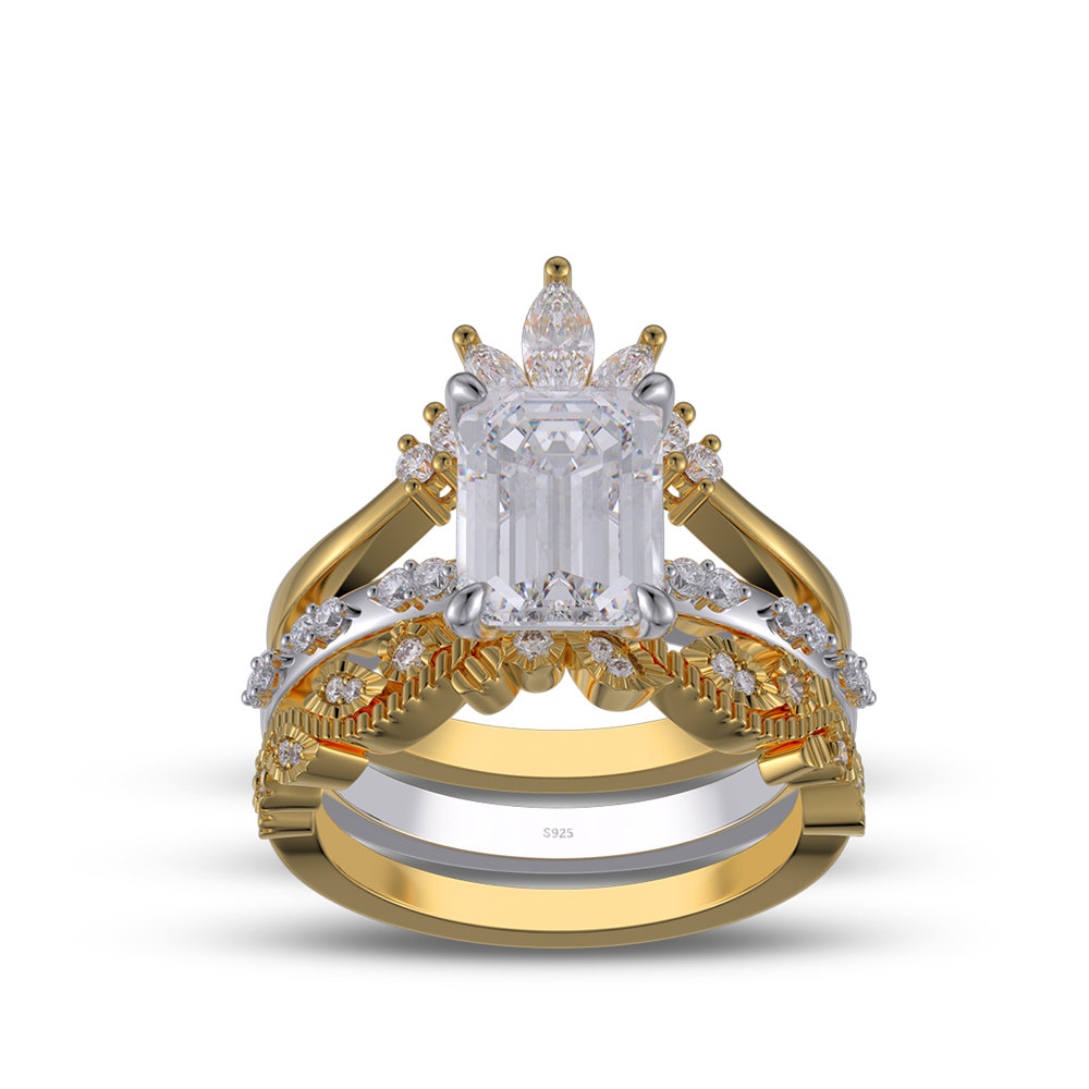 Emerald Cut Diamond White 925 Sterling Silver Yellow Gold Art Deco Bridal Ring Set