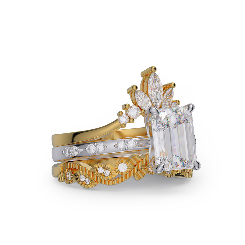 Emerald Cut Diamond White 925 Sterling Silver Yellow Gold Art Deco Bridal Ring Set