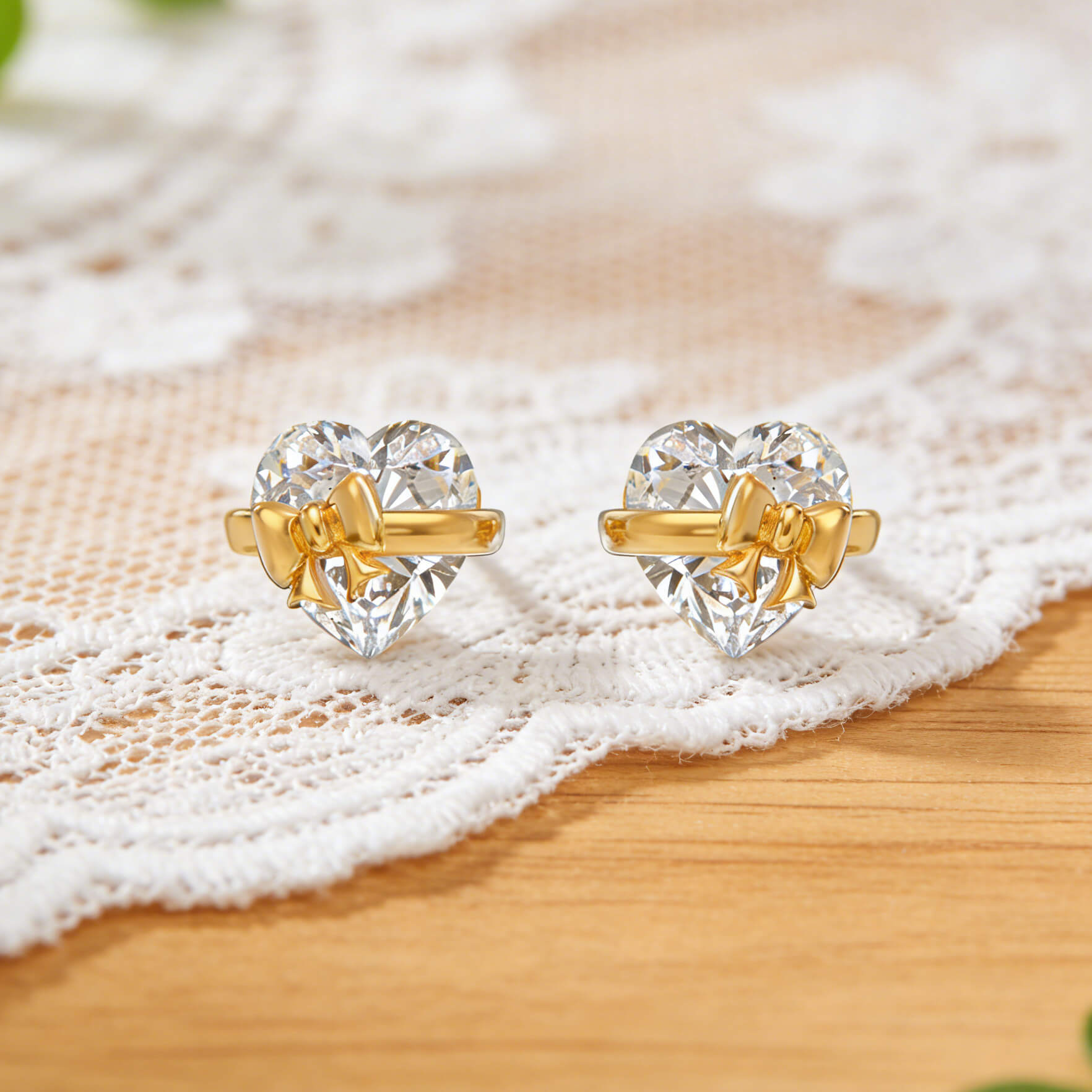 Heart Cut Diamond White Silver Heart Bow 925 Sterling Silver Stud Earrings