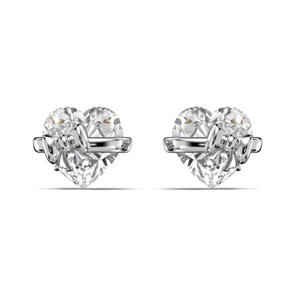 Heart Cut Diamond White Silver Heart Bow 925 Sterling Silver Stud Earrings