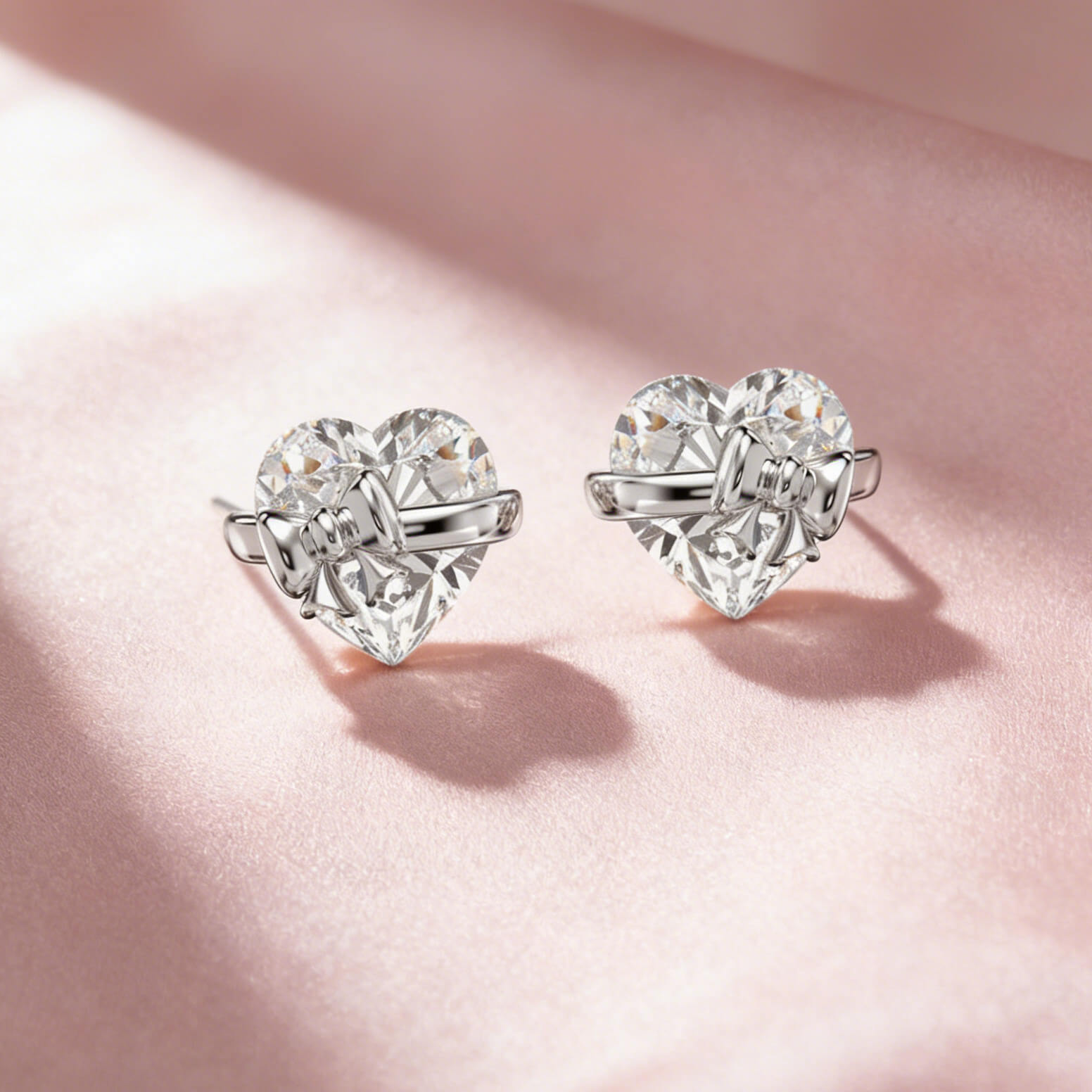 Heart Cut Diamond White Silver Heart Bow 925 Sterling Silver Stud Earrings