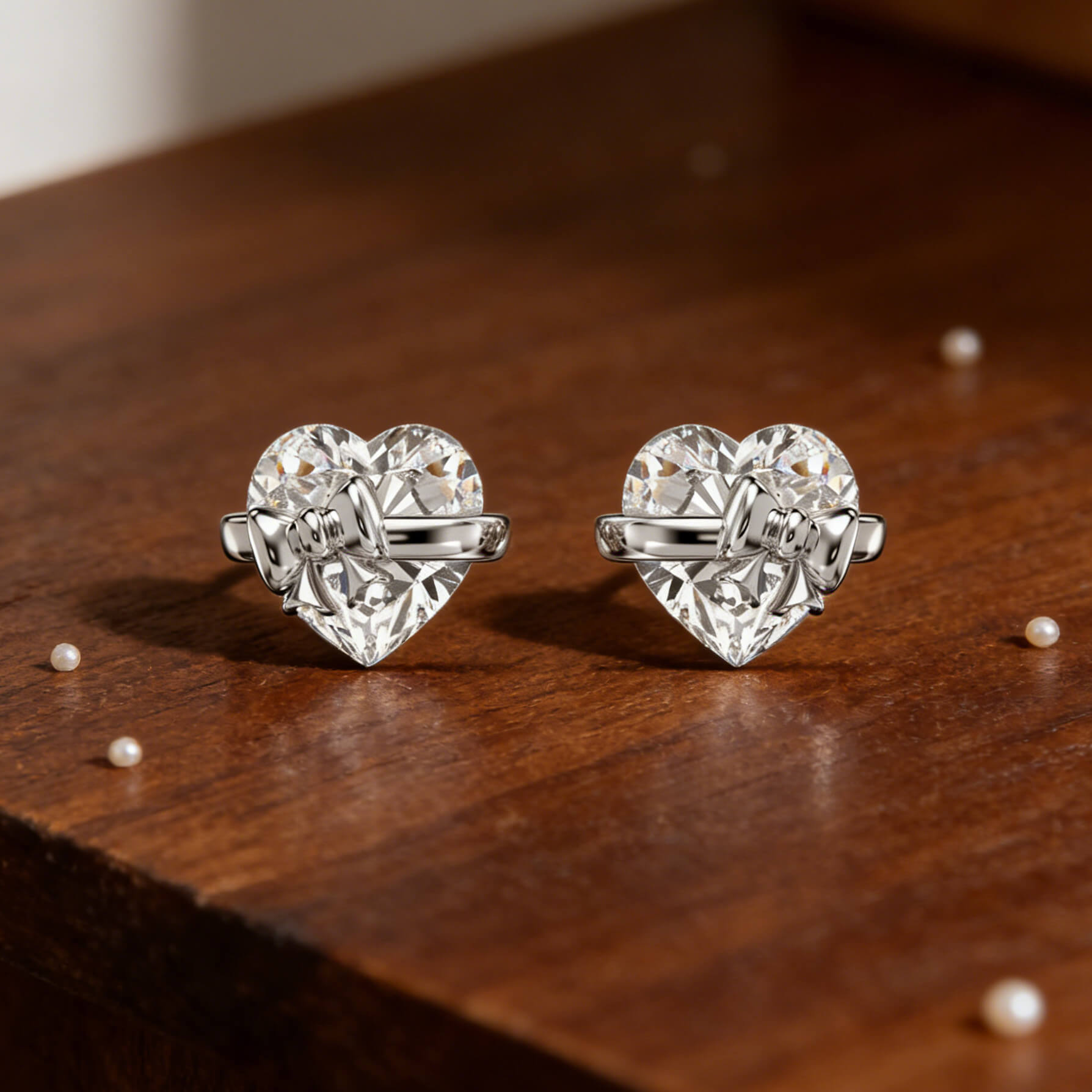Heart Cut Diamond White Silver Heart Bow 925 Sterling Silver Stud Earrings