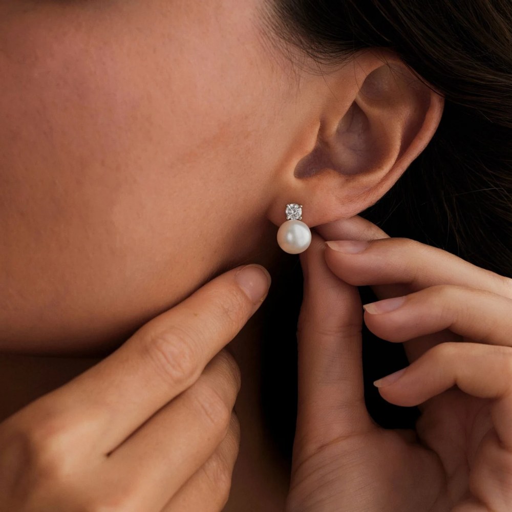 Minimalist Round Diamond White and Freshwater Pearl 925 Sterling Silver Stud Earrings