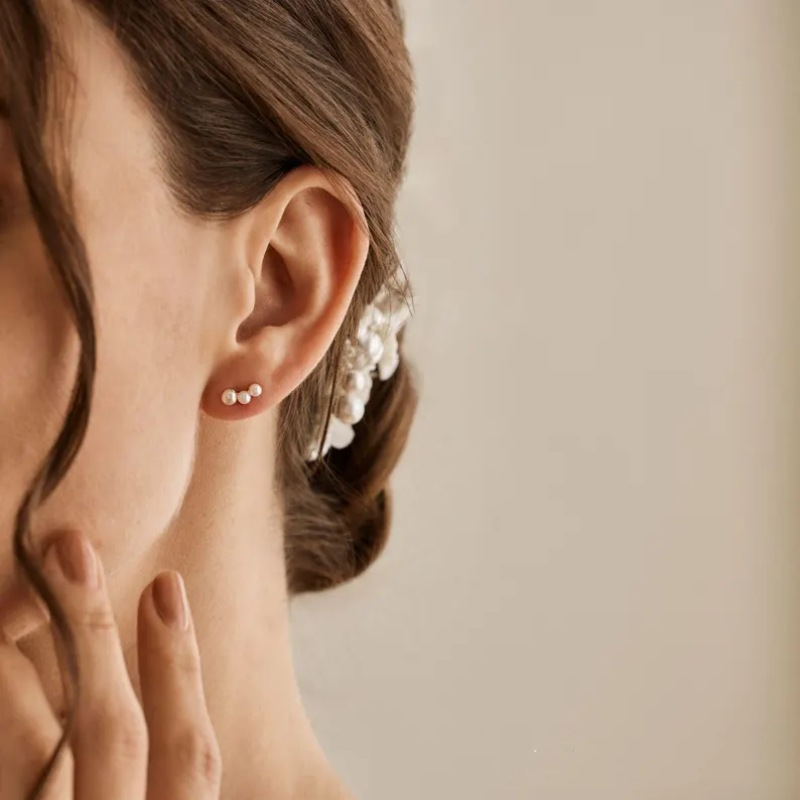 Minimalist Three Freshwater Pearl 925 Sterling Silver Stud Wedding Earrings