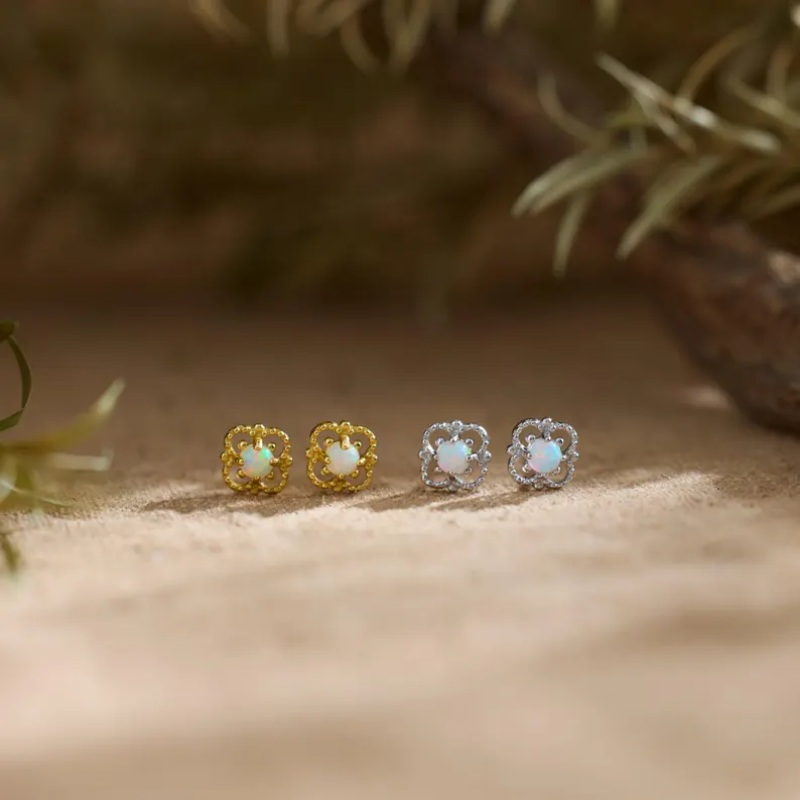 Minimalist Tiny Round Cut Opal 925 Sterling Silver Stud Earrings 