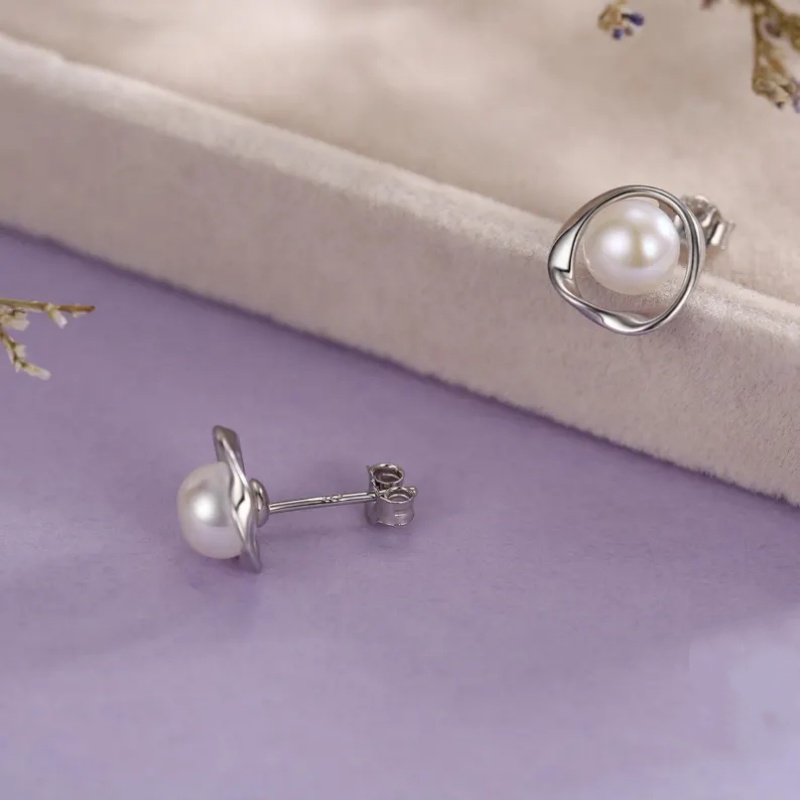 Genuine Freshwater Pearl and Mobius Circle 925 Sterling Silver Stud Earrings