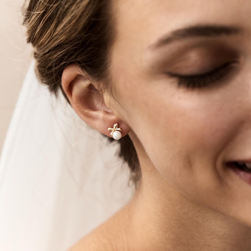 Dainty Freshwater Pearl 925 Sterling Silver Bow Knot Stud Earrings Gift for Her