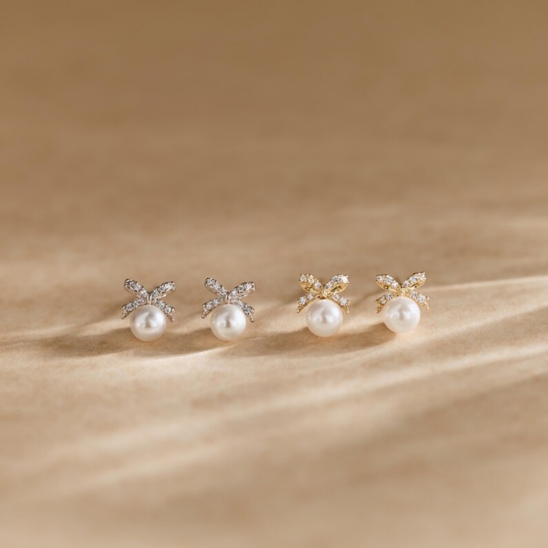 Dainty Freshwater Pearl 925 Sterling Silver Bow Knot Stud Earrings Gift for Her