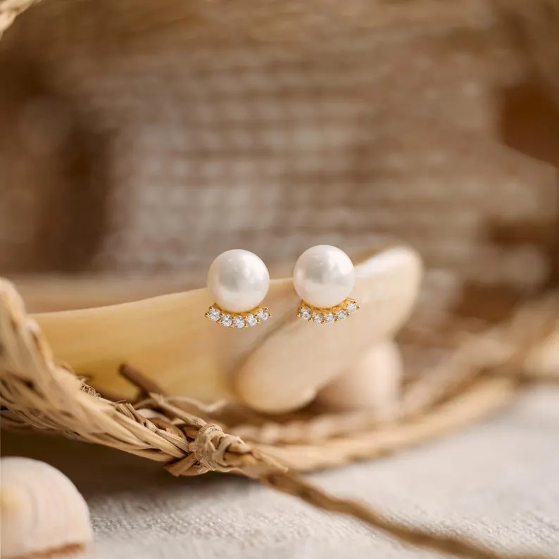 Genuine Freshwater Pearl 925 Sterling Silver Smiley Face Stud Earrings