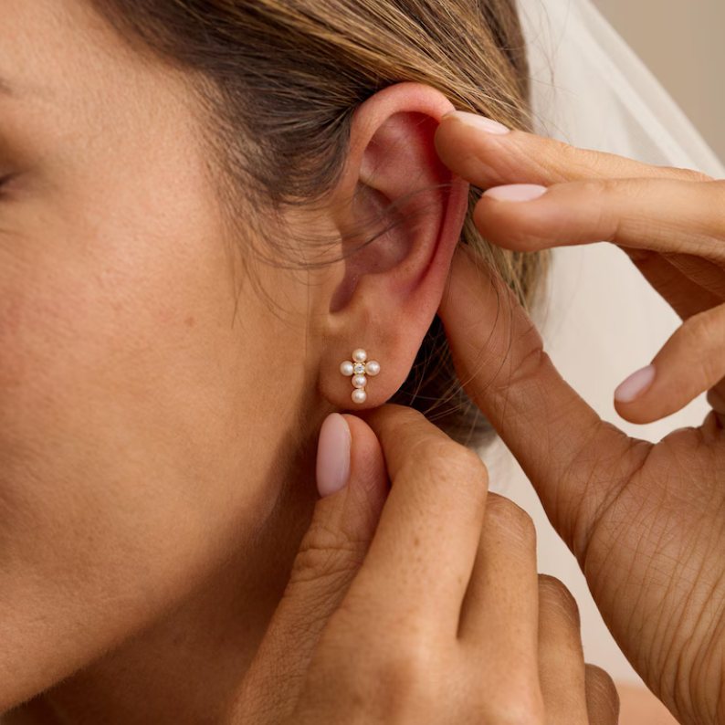 Dainty Cross Freshwater Pearl 925 Sterling Silver Stud Earrings