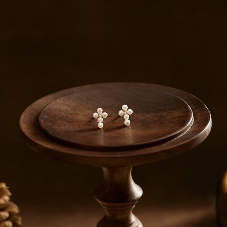 Dainty Cross Freshwater Pearl 925 Sterling Silver Stud Earrings
