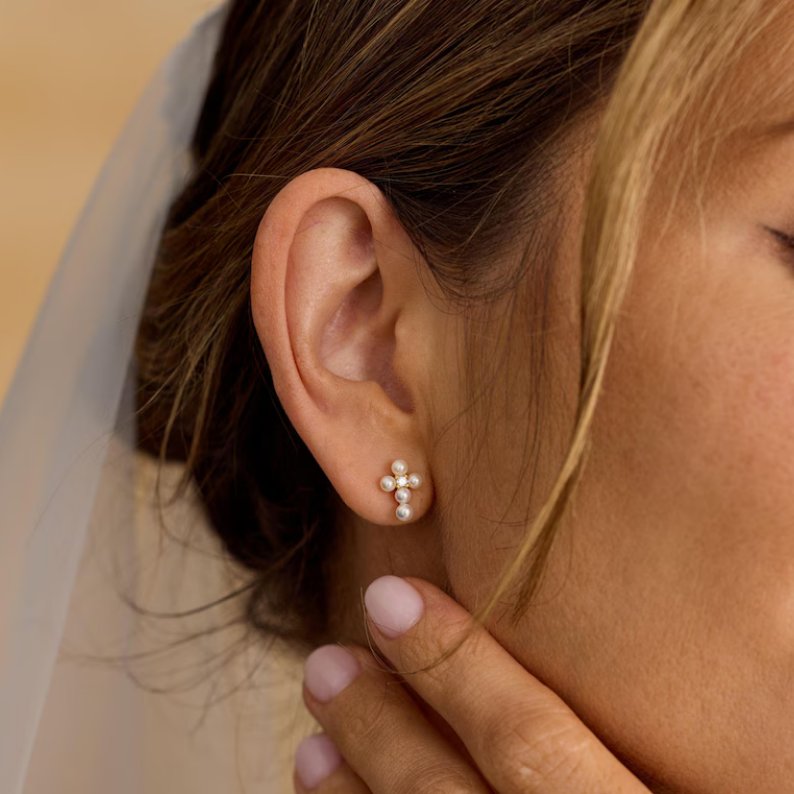Dainty Cross Freshwater Pearl 925 Sterling Silver Stud Earrings