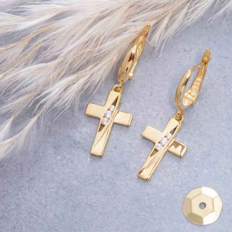 Special Design Gold Cross 925 Sterling Silver Drop Earrings