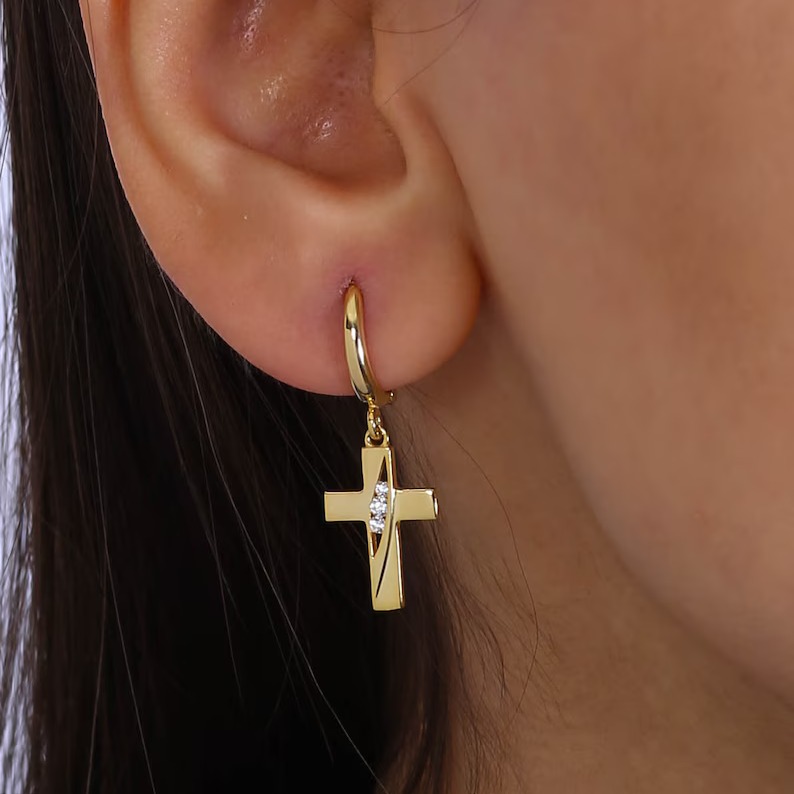 Special Design Gold Cross 925 Sterling Silver Drop Earrings