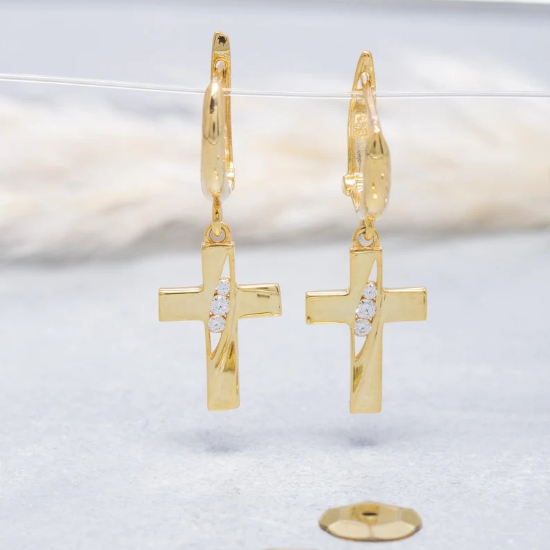Special Design Gold Cross 925 Sterling Silver Drop Earrings