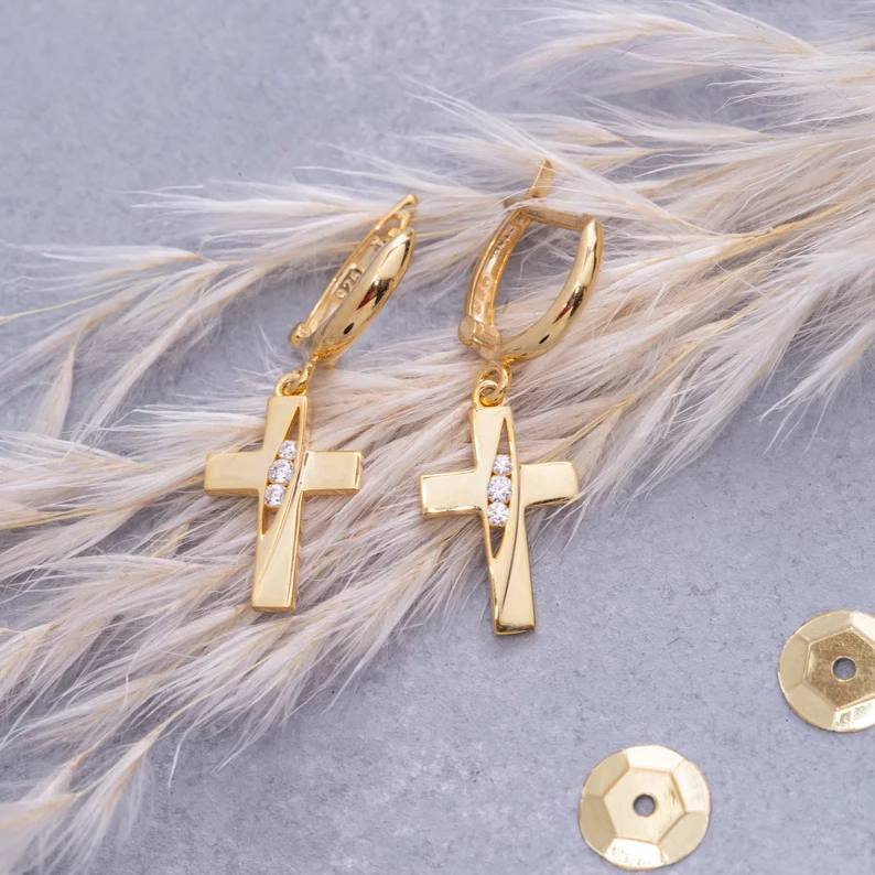 Special Design Gold Cross 925 Sterling Silver Drop Earrings