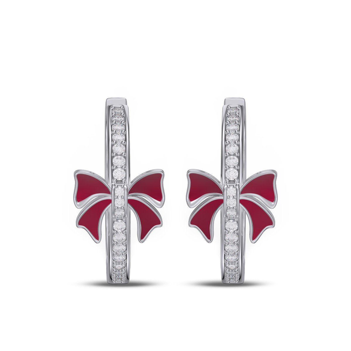 Round Cut Diamond White 925 Sterling Silver Hoop Earrings with Red Bow Gifts for Christmas