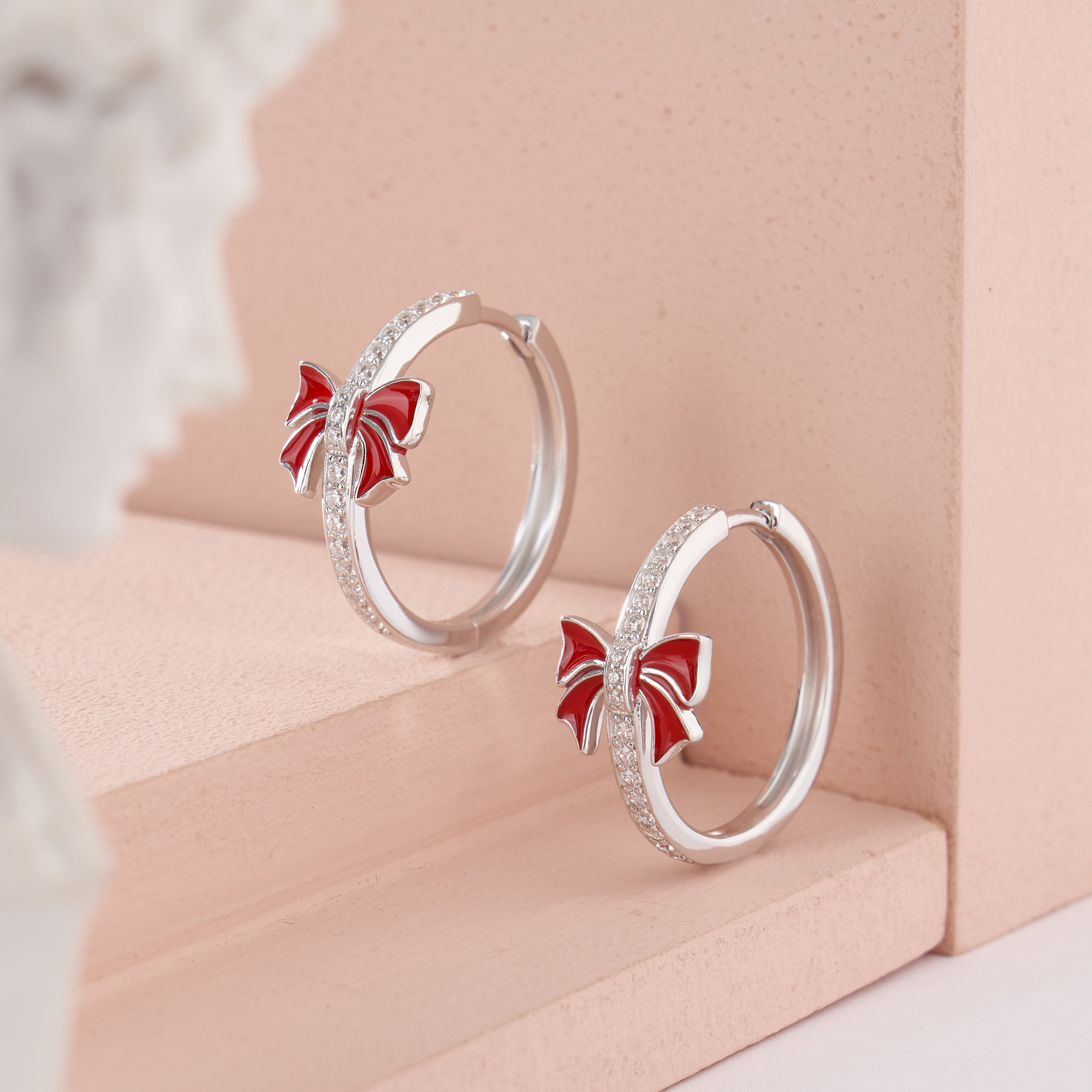 Round Cut Diamond White 925 Sterling Silver Hoop Earrings with Red Bow Gifts for Christmas