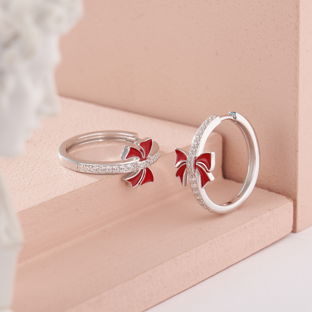 Round Cut Diamond White 925 Sterling Silver Hoop Earrings with Red Bow Gifts for Christmas