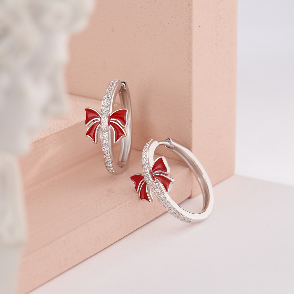 Round Cut Diamond White 925 Sterling Silver Hoop Earrings with Red Bow Gifts for Christmas