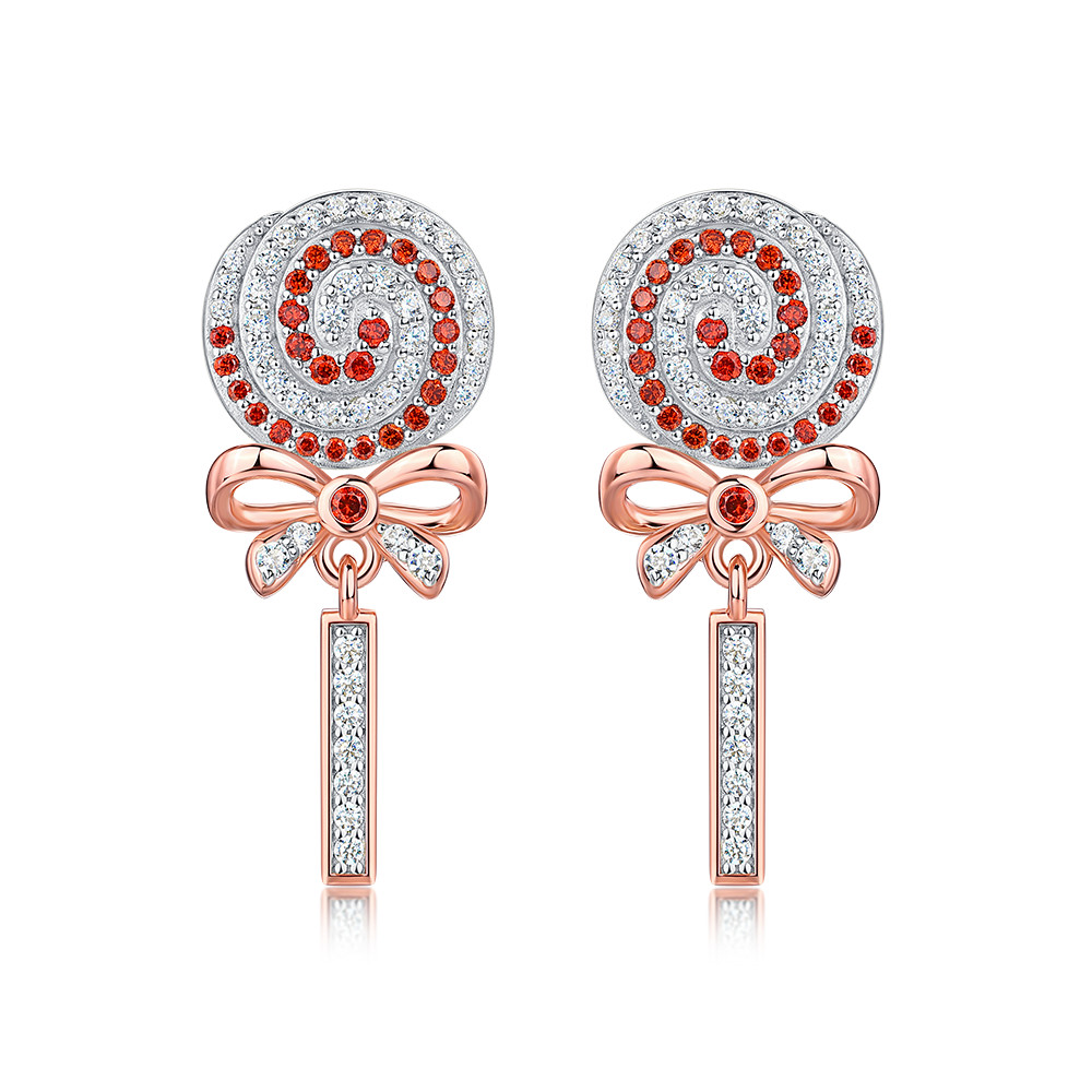 Round Cut Diamond White and Ruby Sterling Silver Drop Earrings with Lollipop and Bow Design Gifts for Christmas