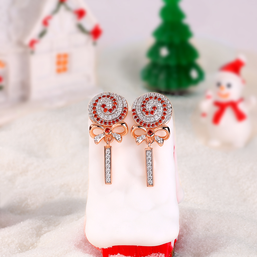 Round Cut Diamond White and Ruby Sterling Silver Drop Earrings with Lollipop and Bow Design Gifts for Christmas