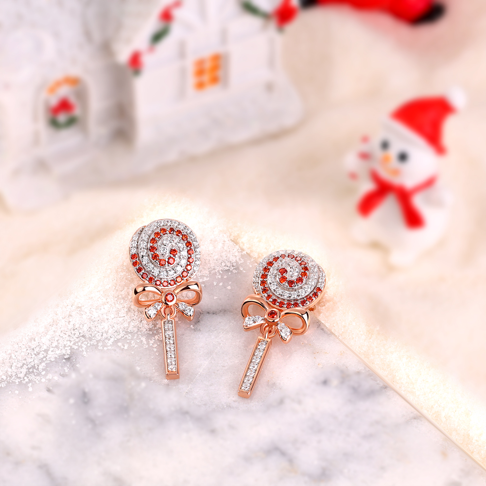 Round Cut Diamond White and Ruby Sterling Silver Drop Earrings with Lollipop and Bow Design Gifts for Christmas