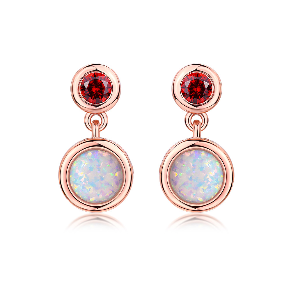 Round Cut Opal and Ruby Sterling Silver Rose Gold Drop Earrings