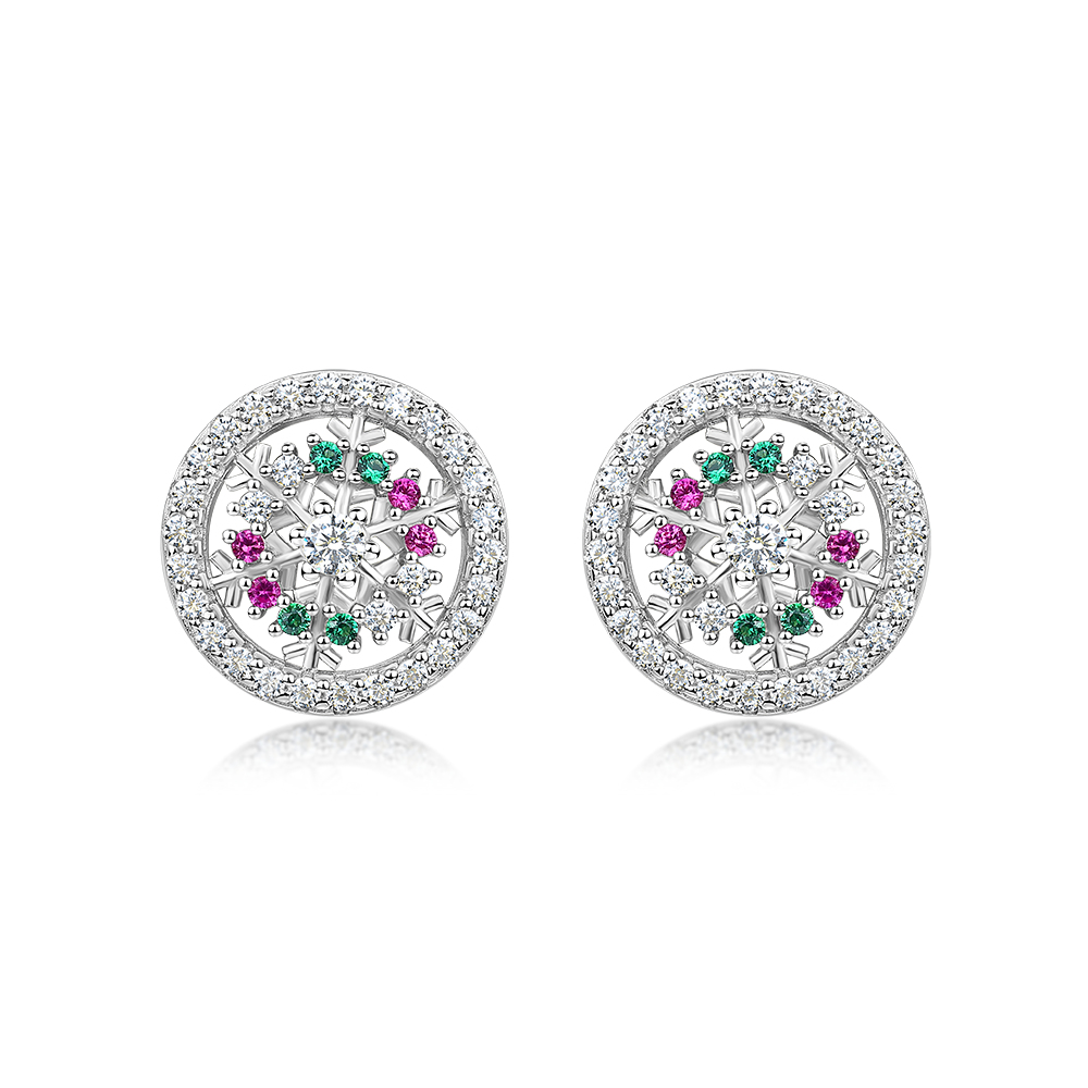 Round Cut Diamond White Sterling Silver Snowflake Stud Earrings Gifts for Christmas