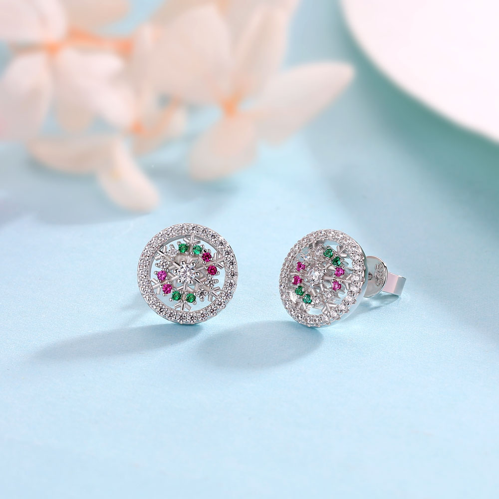 Round Cut Diamond White Sterling Silver Snowflake Stud Earrings Gifts for Christmas
