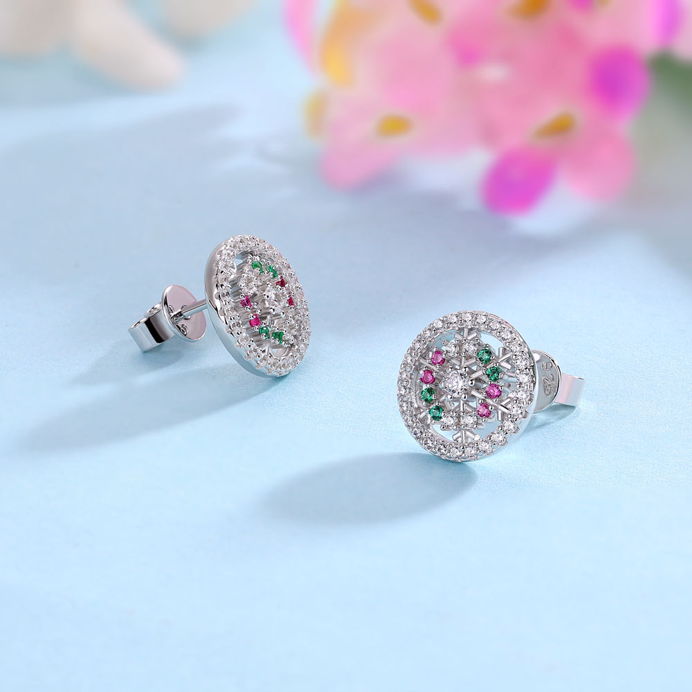 Round Cut Diamond White Sterling Silver Snowflake Stud Earrings Gifts for Christmas