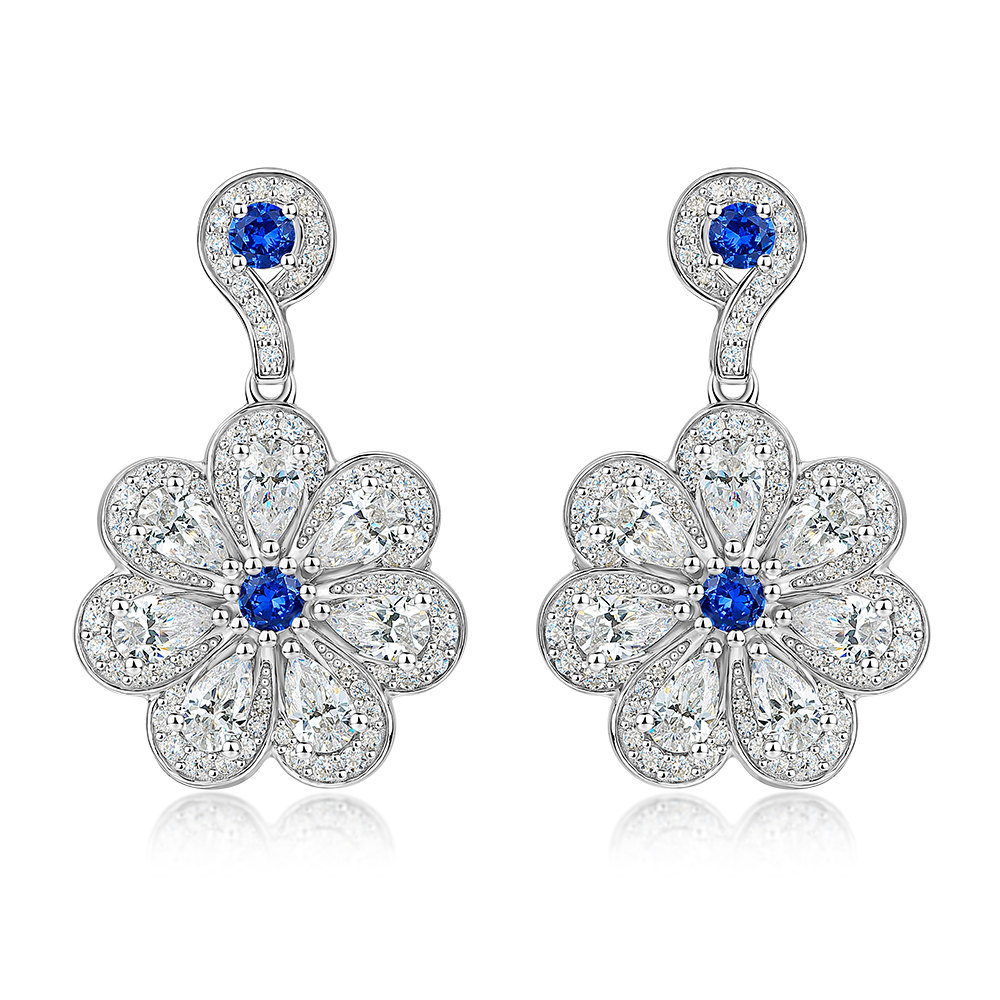 Elegant Sapphire Blue Sterling Silver Floral Drop Earrings