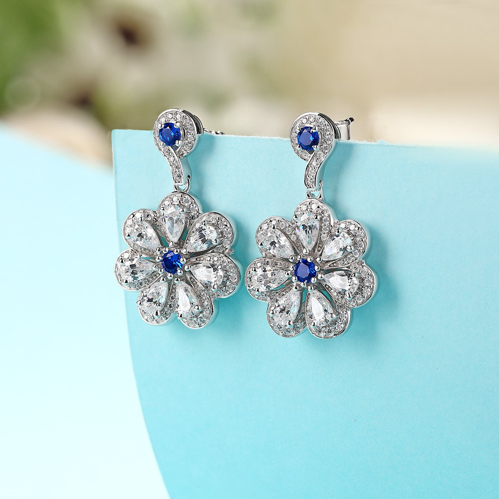 Elegant Sapphire Blue Sterling Silver Floral Drop Earrings