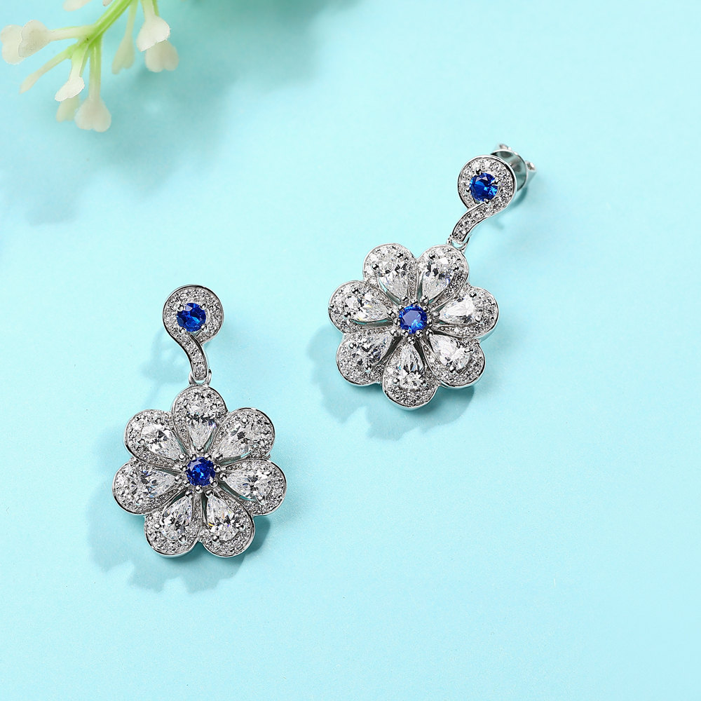 Elegant Sapphire Blue Sterling Silver Floral Drop Earrings